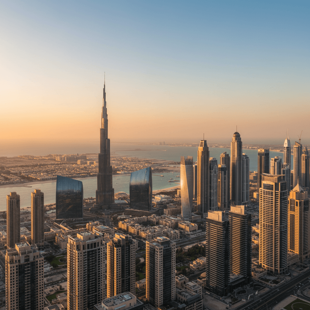 Dubai skyline with Burj Khalifa and modern architecture at golden hour